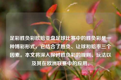 足彩胜负彩欧赔亚盘足球比赛中的胜负彩是一种博彩形式，它结合了胜负、让球和赔率三个因素。本文将深入探讨胜负彩的规则、玩法以及其在欧洲联赛中的应用。